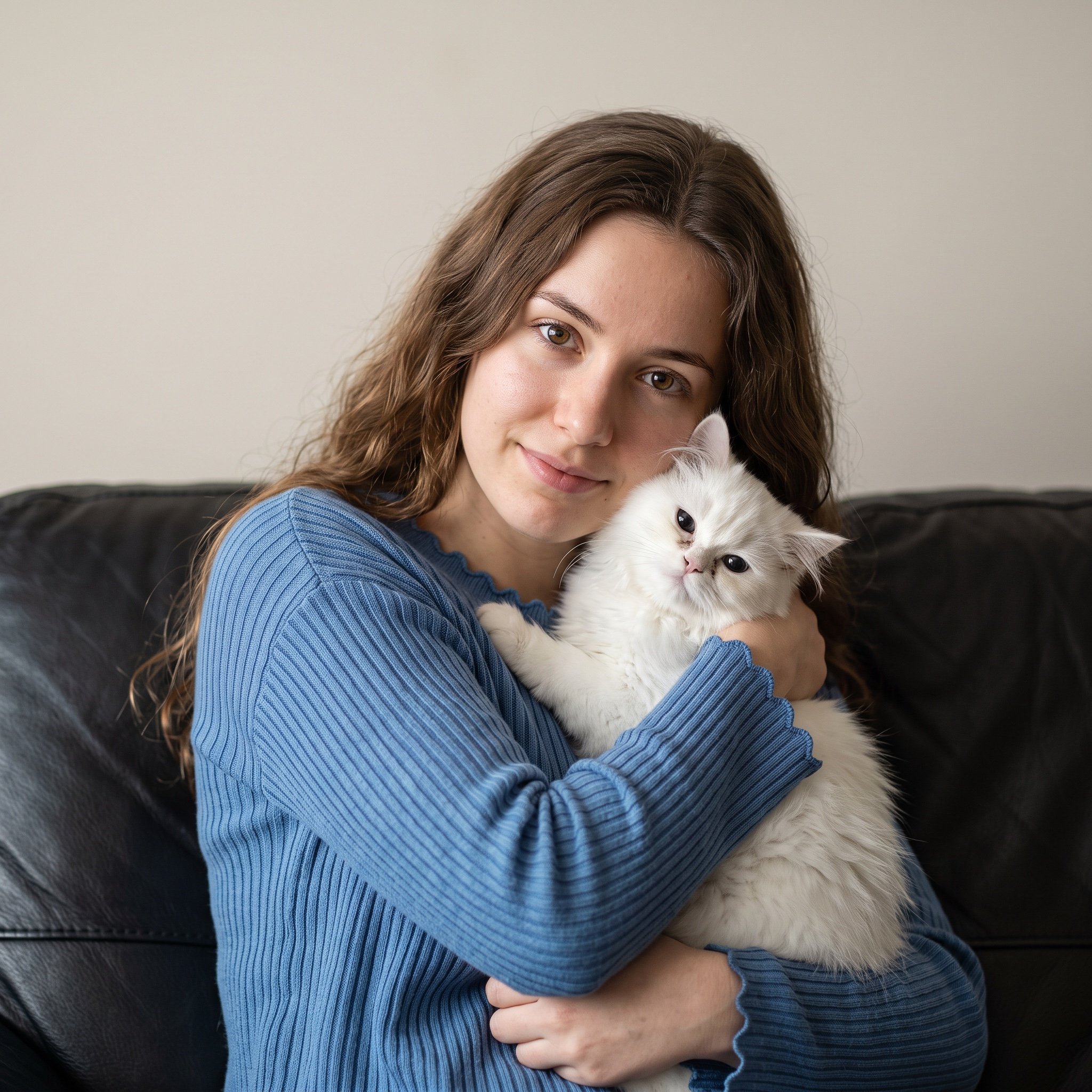 Ultra-Realistic Portrait of Woman Hugging a Persian Cat
