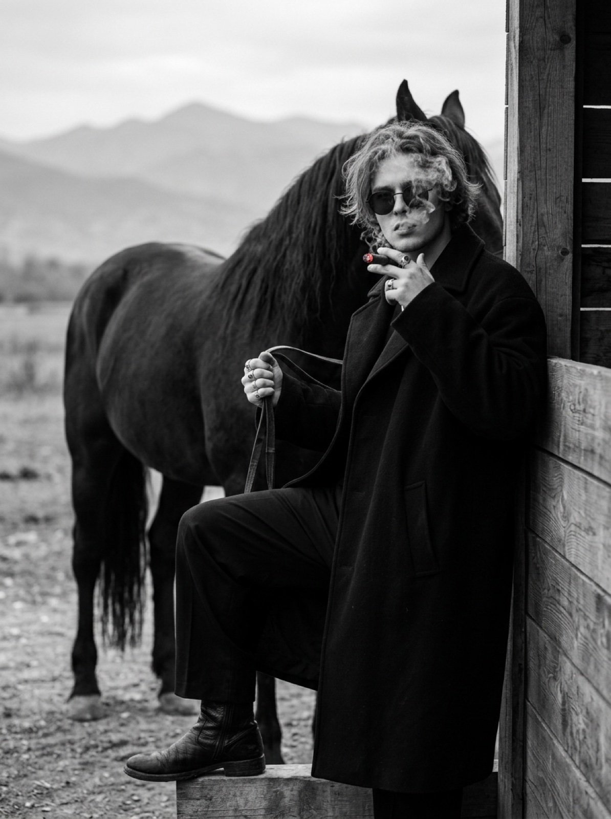Cinematic Black and White Portrait Prompt of Man with Horse and Cigar