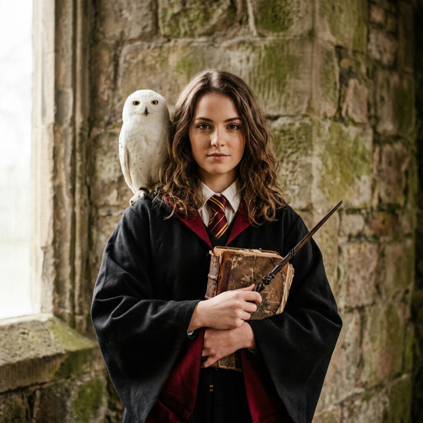 Hogwarts-Style Photoshoot Portrait with Magic Wand and Owl