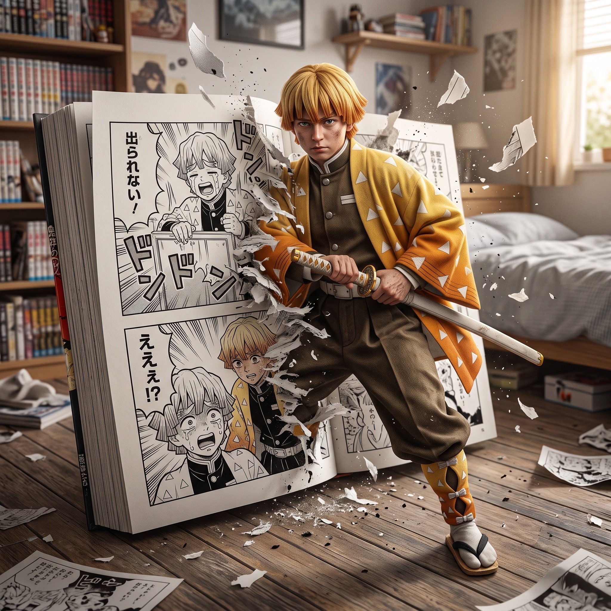 Hyper-realistic crossover image of Zenitsu Agatsuma from Demon Slayer