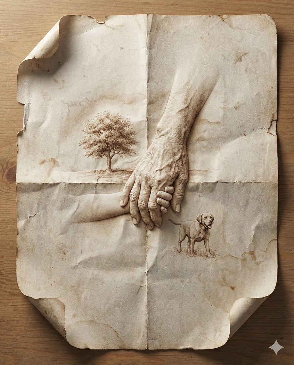 Master Aged Paper Memory — Folded Paper with Emerging Scene from Creases