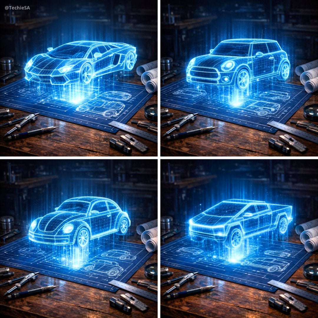 Holographic Car Blueprint Wireframe