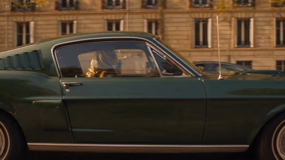 Blonde Woman Driving Green 1960s Mustang Golden Hour