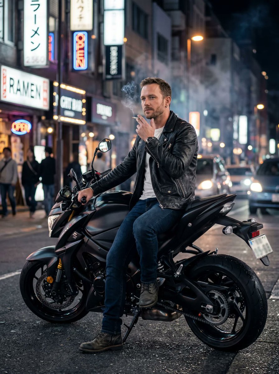Sitting casually on the motorbike, one foot on the ground, holding