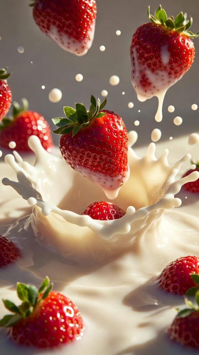 Macro Shot of Strawberries Falling into Milk