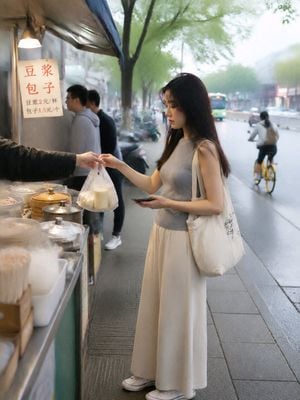 Asian Woman at Street Breakfast Stall