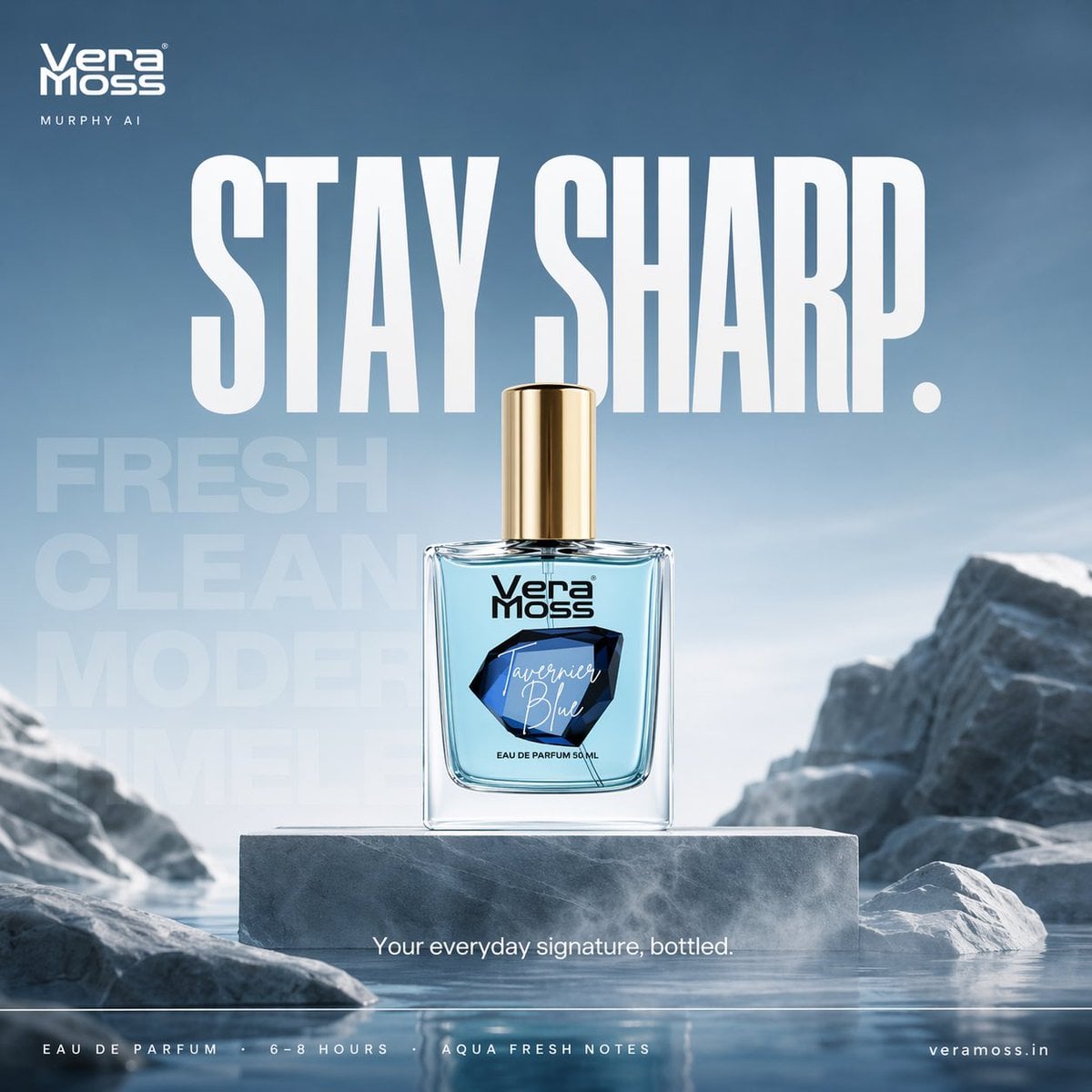 Hyper-realistic cinematic perfume billboard poster for Vera Moss