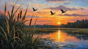 Sunset Marsh Impasto Oil Painting