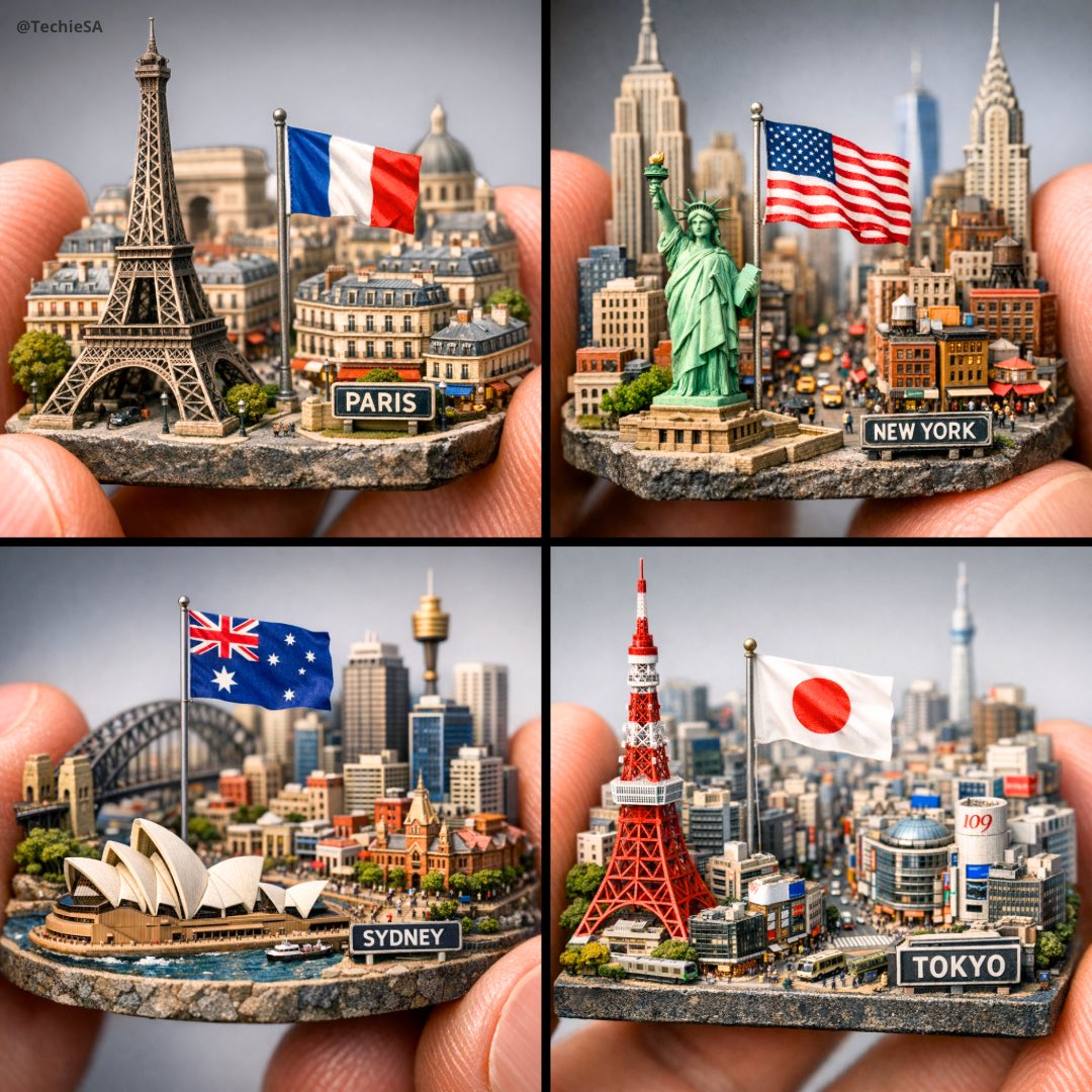 Extreme close-up macro of miniature city diorama on a solid base, held
