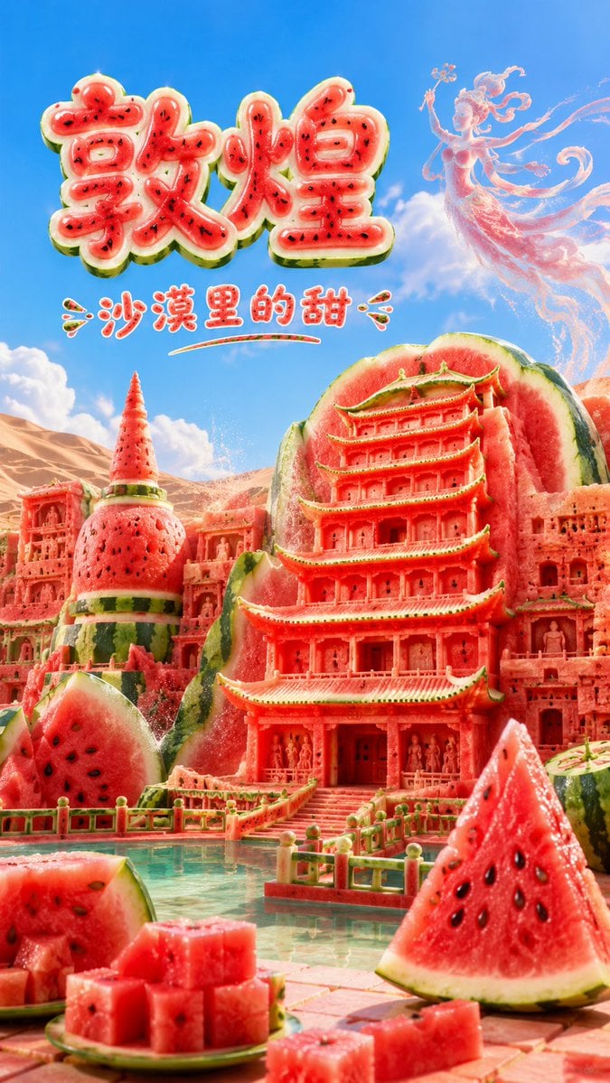 短文版提示词： 生成一张高传播感的 9:16 竖版「西瓜风格城市地标建筑」创意海报。 【用户输入】