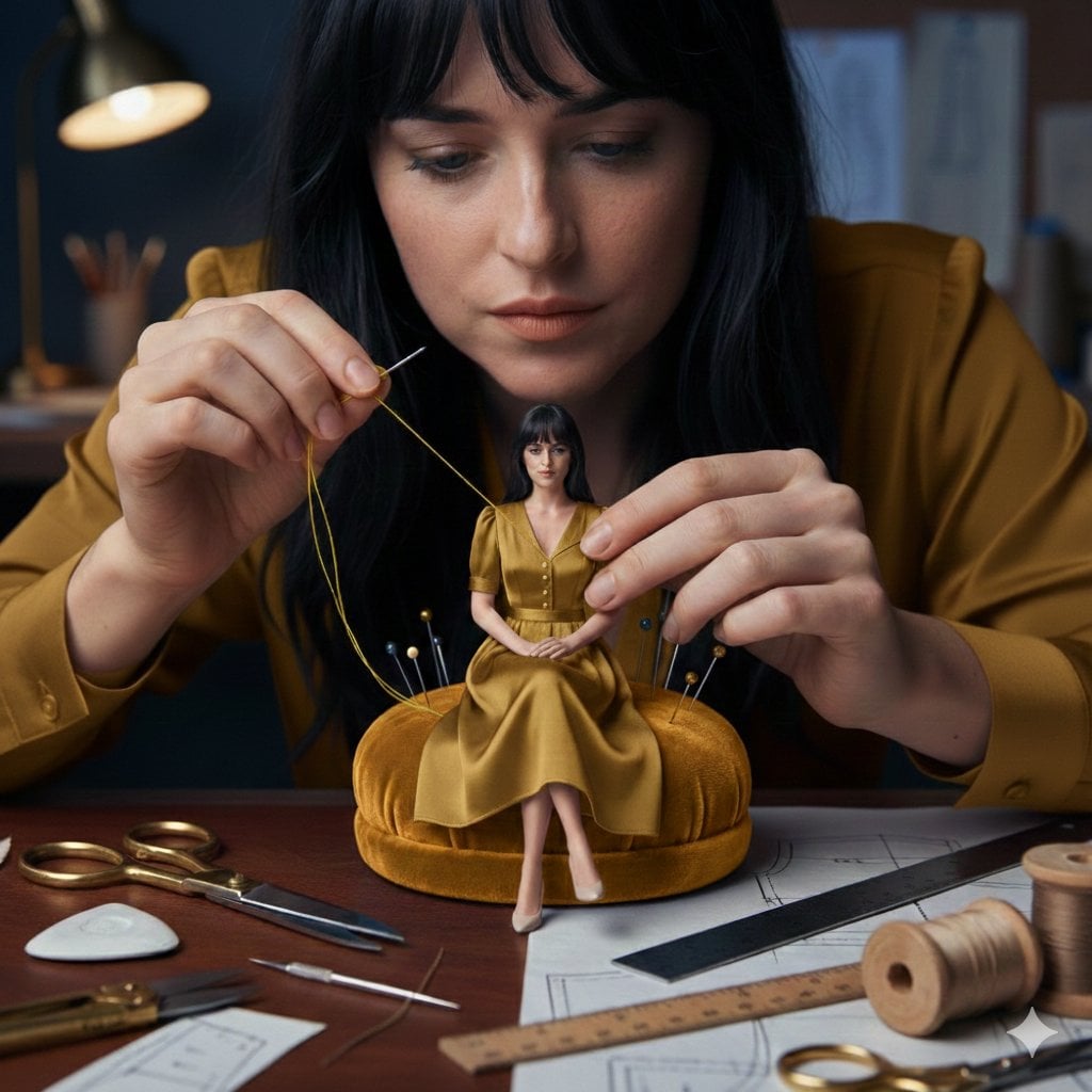 A cinematic fashion studio scene of a woman hand-sewing a miniature