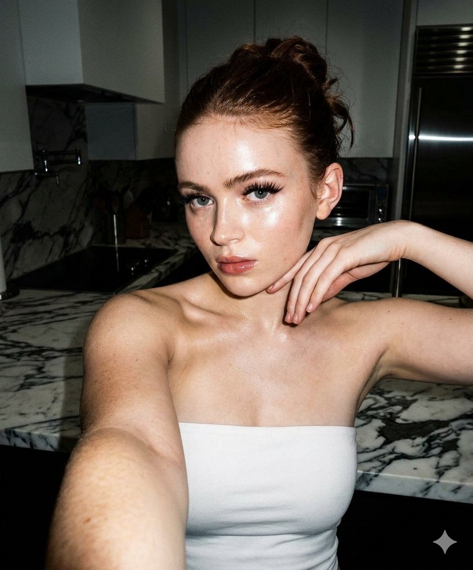 High-Contrast Selfie Photo Prompt in Modern Kitchen