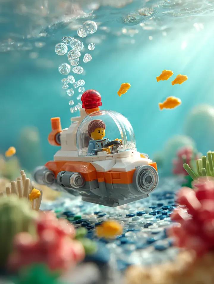 Surrounding the submarine are multiple small bright yellow LEGO fish