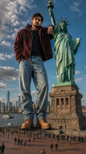 Giant Man Standing by Statue of Liberty