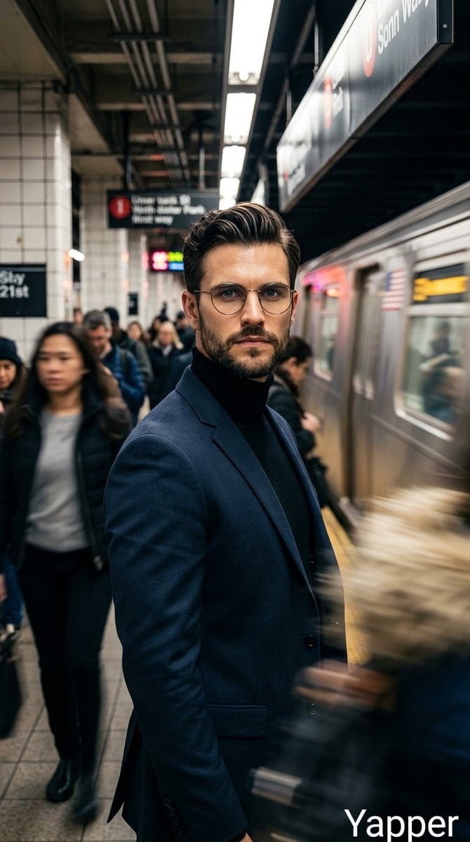 Cinematic portrait of a stylish man standing on a busy subway platform