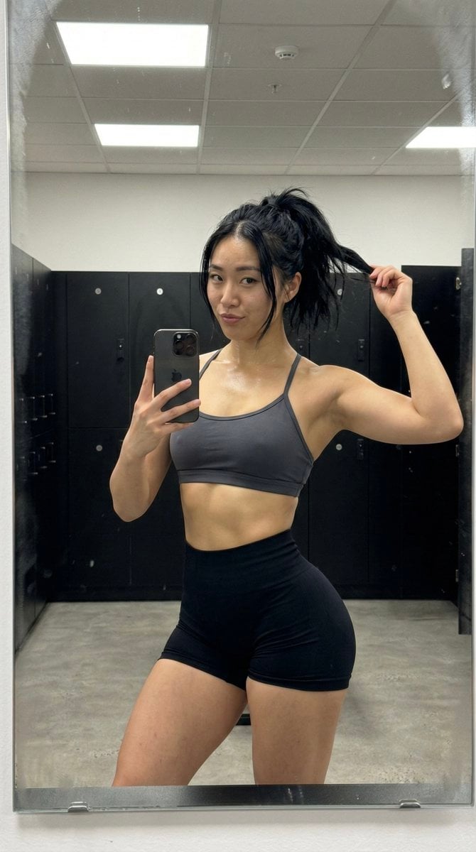 Gym Mirror Selfie with Post-Workout Glow (iPhone Style)