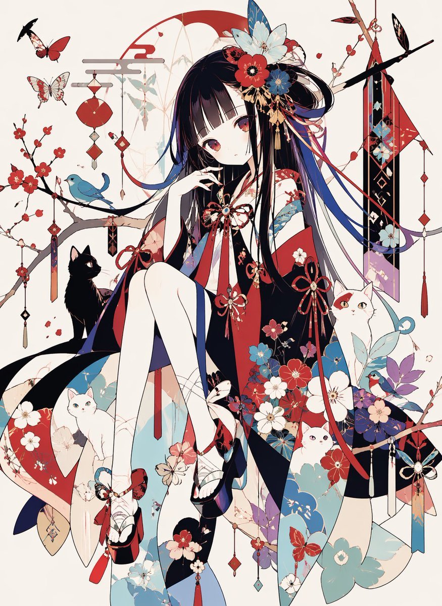 Ornamental Kimono Girl with Cats