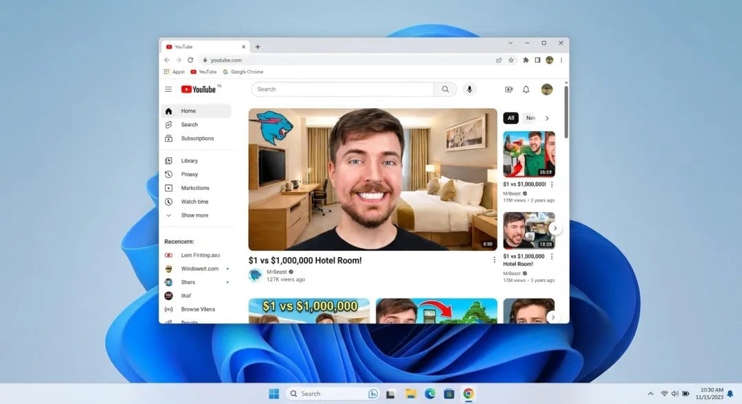 Windows 11 desktop with Chrome and MrBeast on YouTube