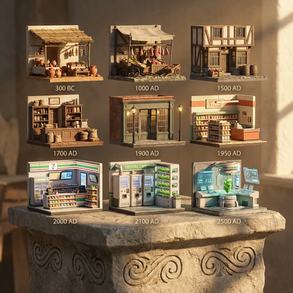 Evolution of Grocery Shops 3D Grid Prompt