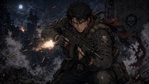 Anime Soldier in Moonlit Urban Warzone