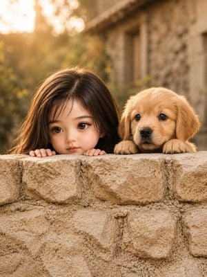 Girl and Puppy Over Stone Wall