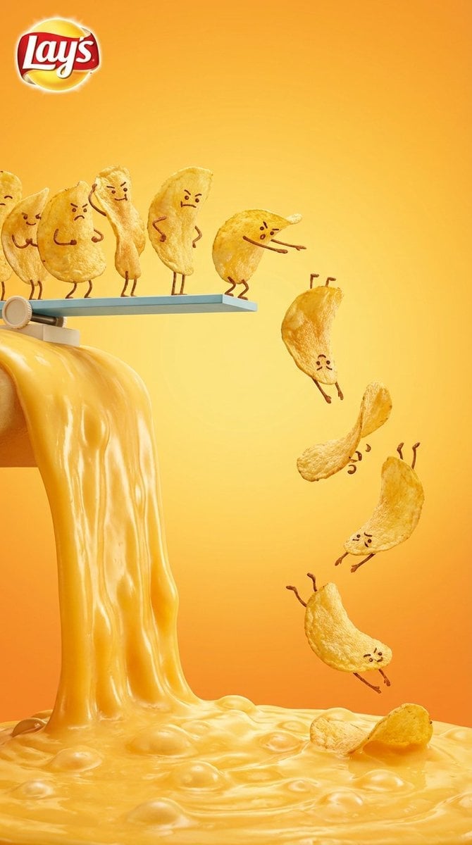 Anthropomorphic Potato Chips Diving into Cheese Sauce