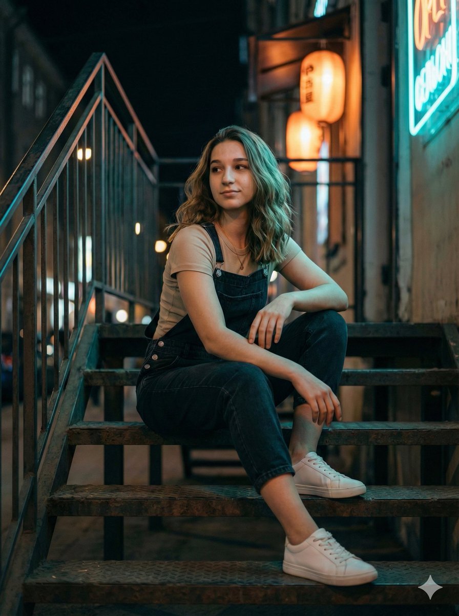 Cinematic Night Portrait on Urban Stairs