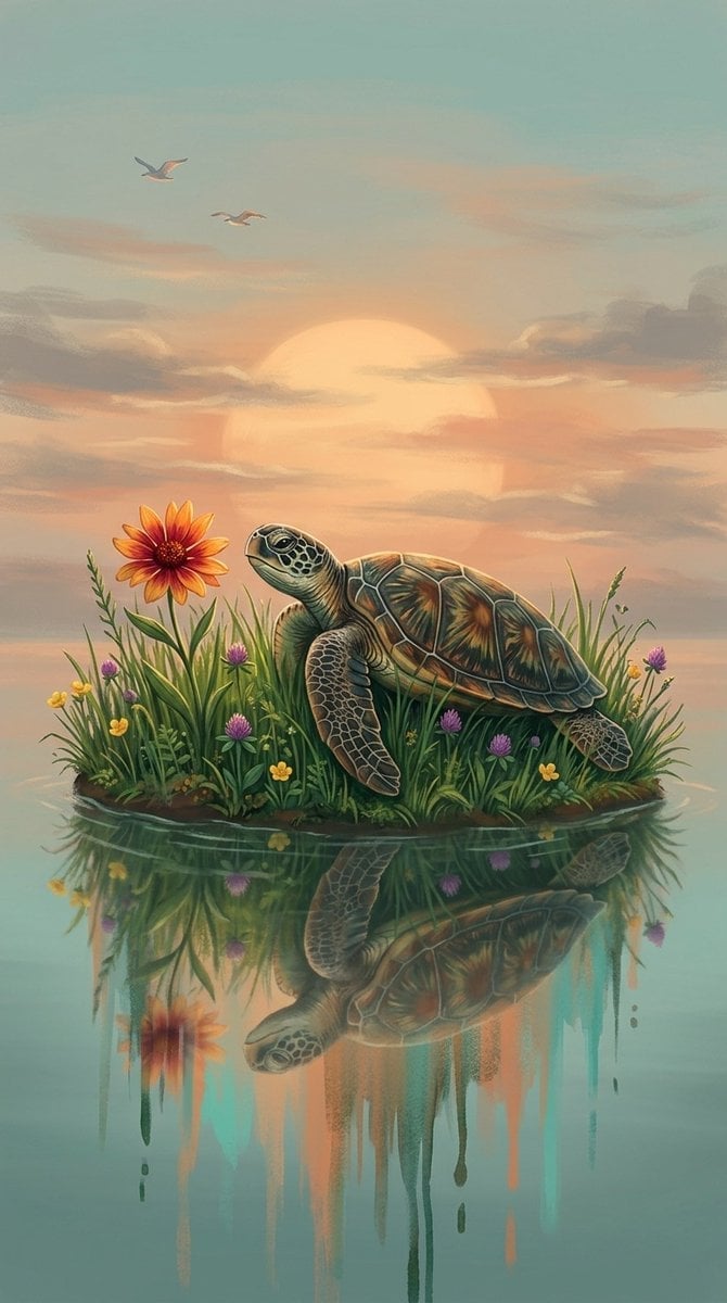 A digital fantasy illustration of a small turtle resting on a grassy