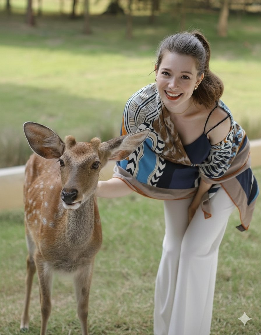 Photorealistic portrait of a woman feeding a fallow deer