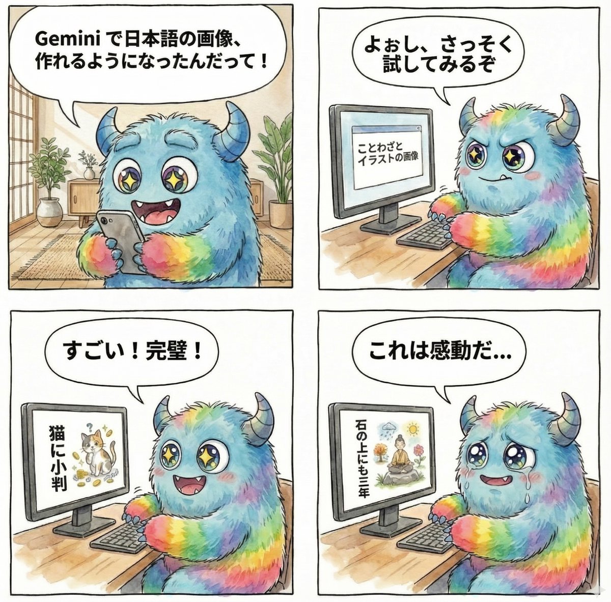 panel manga about Gemini generating Japanese text images