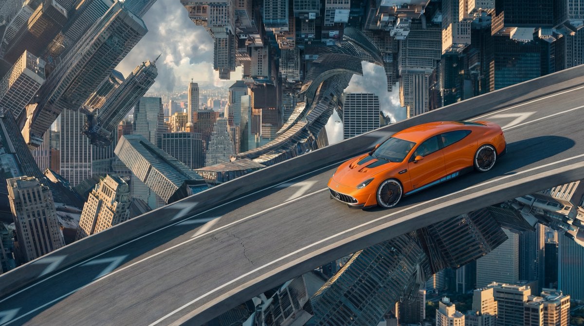 Inverted Cityscape Car Chase Prompt for Nano Banana Pro