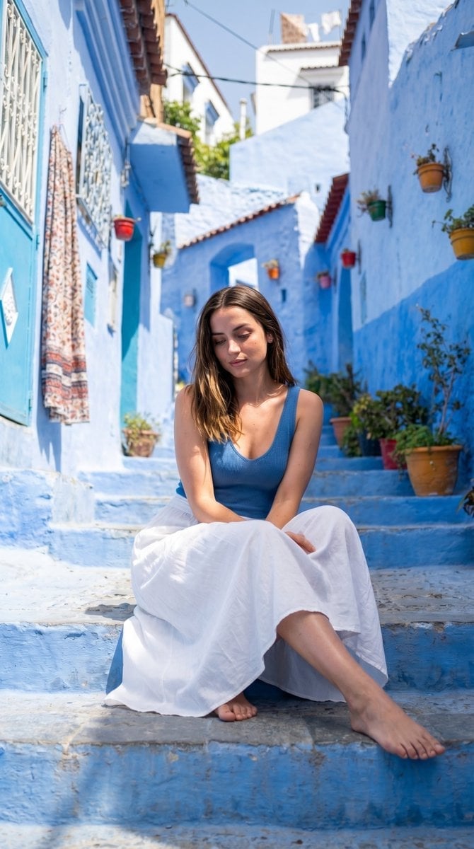Vivid blue walls, stairs, and buildings with white accents, hanging