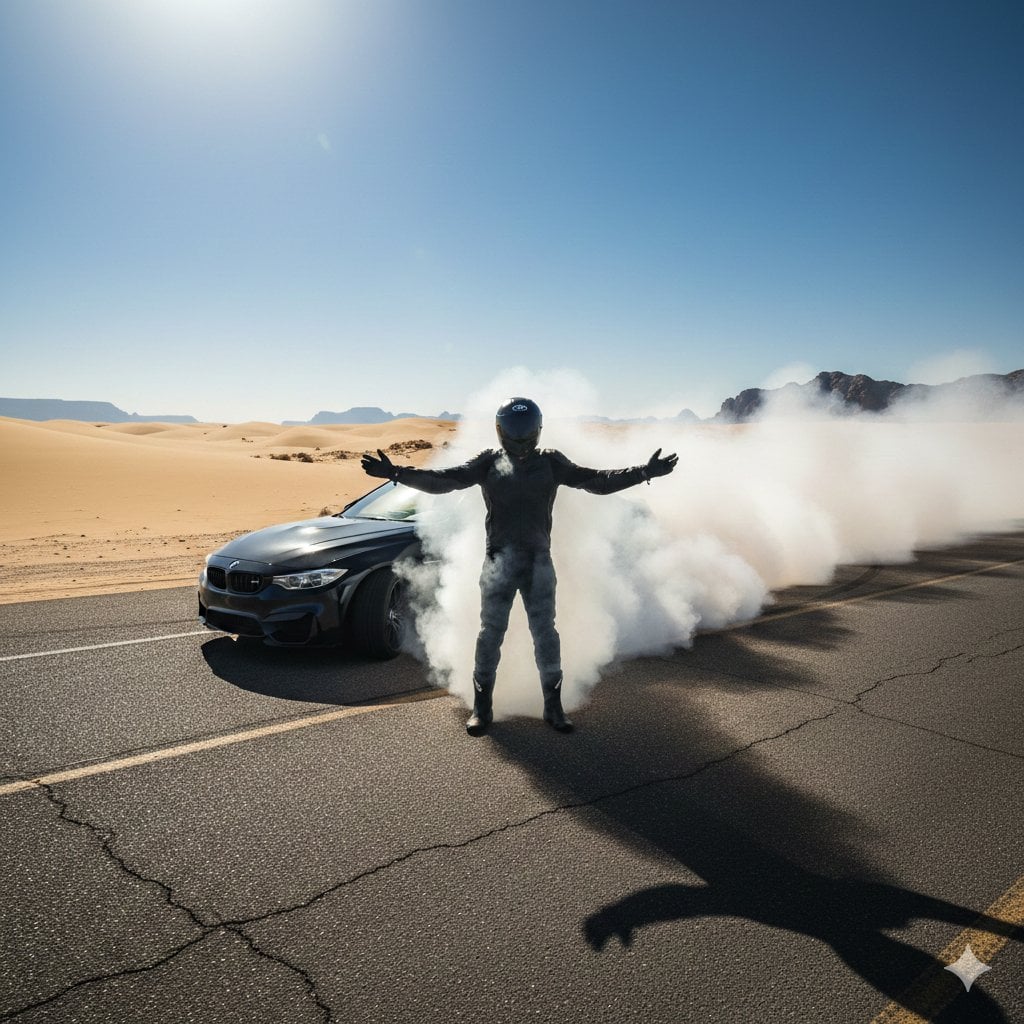 Cinematic Desert Drifting Scene with Batman-like Figure