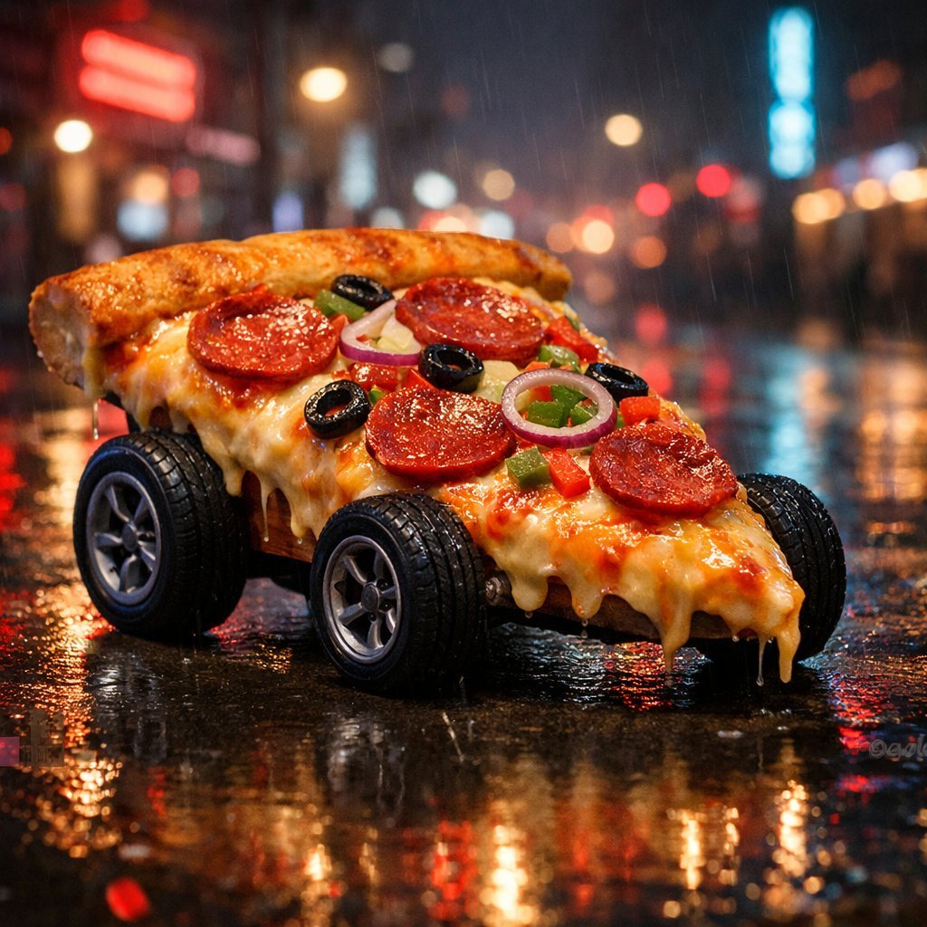 Surreal Cyberpunk Pizza Car Prompt