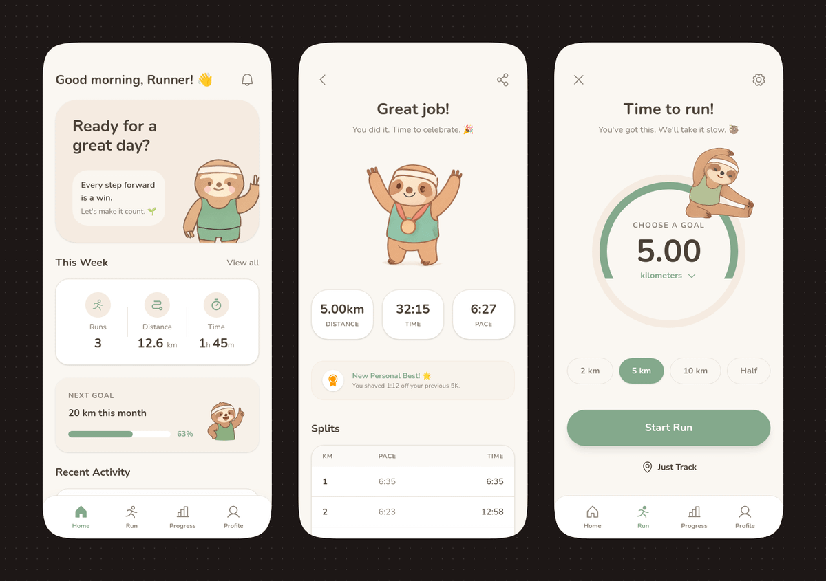 Pastel Running App UI with Sloth Mascot