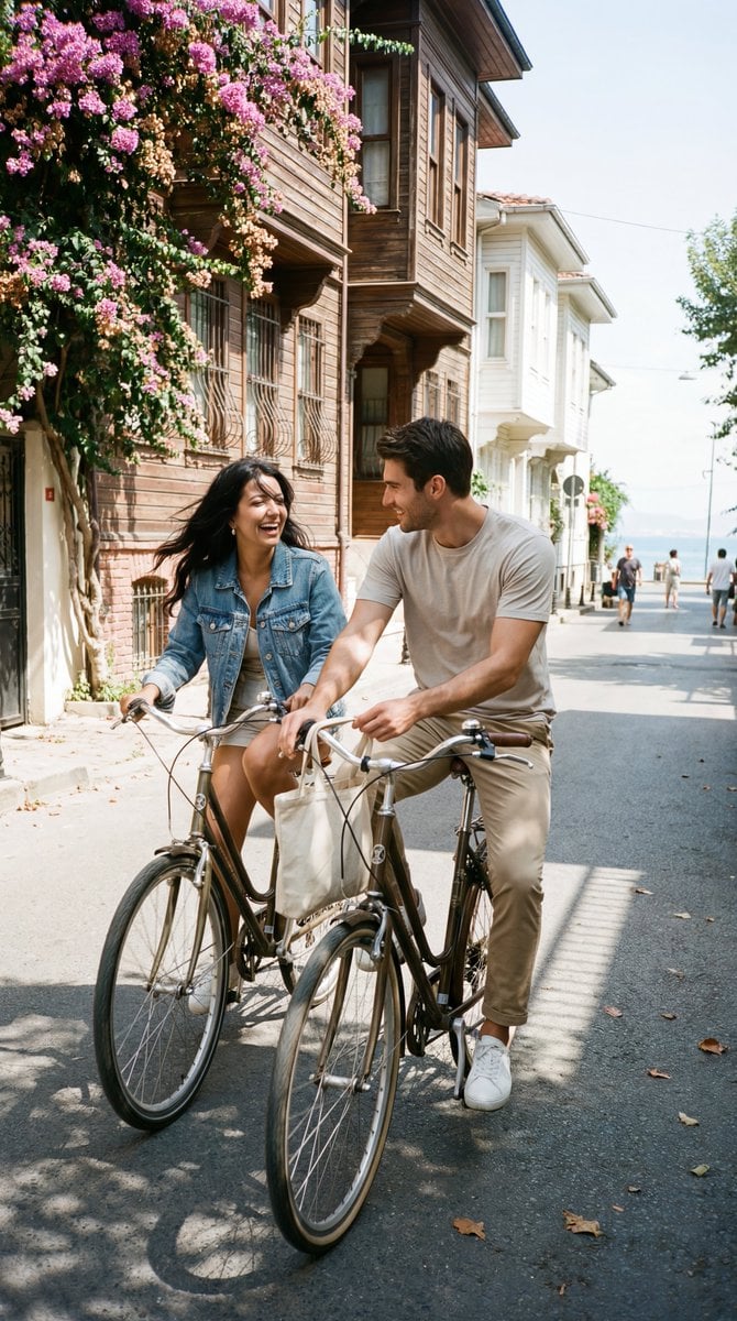 Photoreal Candid Street Romance Film Still Prompt (Büyükada)