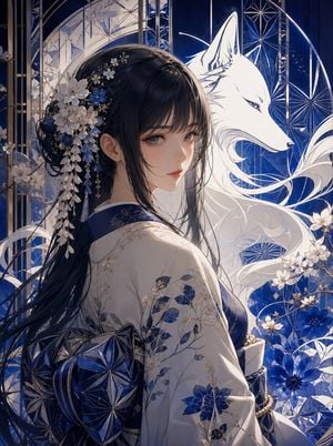 Blue Kiriko Fox Shrine Maiden
