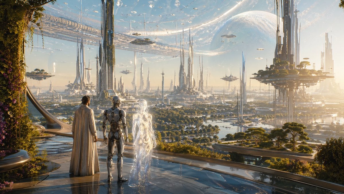 Far Future City with Transparent Humanoid