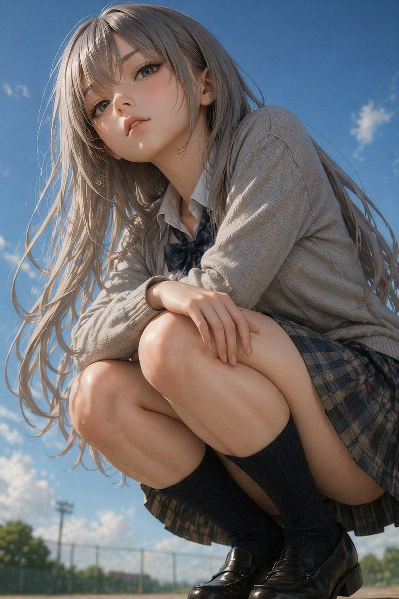 Photorealistic Anime Schoolgirl Crouching Portrait