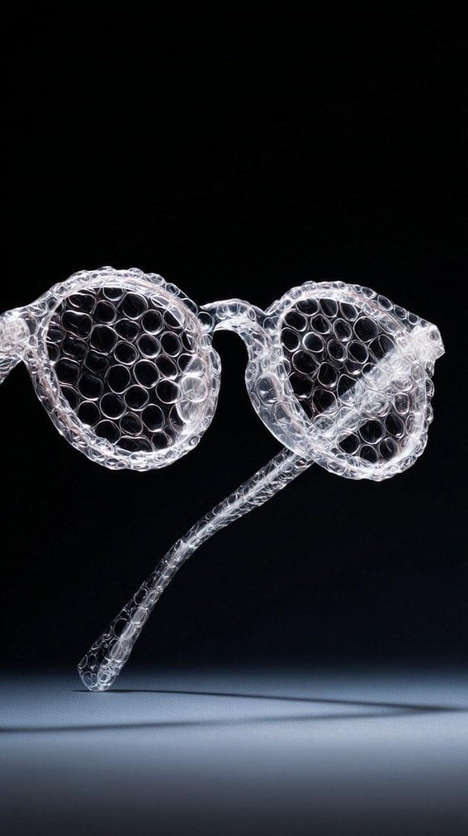 Minimalist studio shot of transparent bubble wrap fashion item