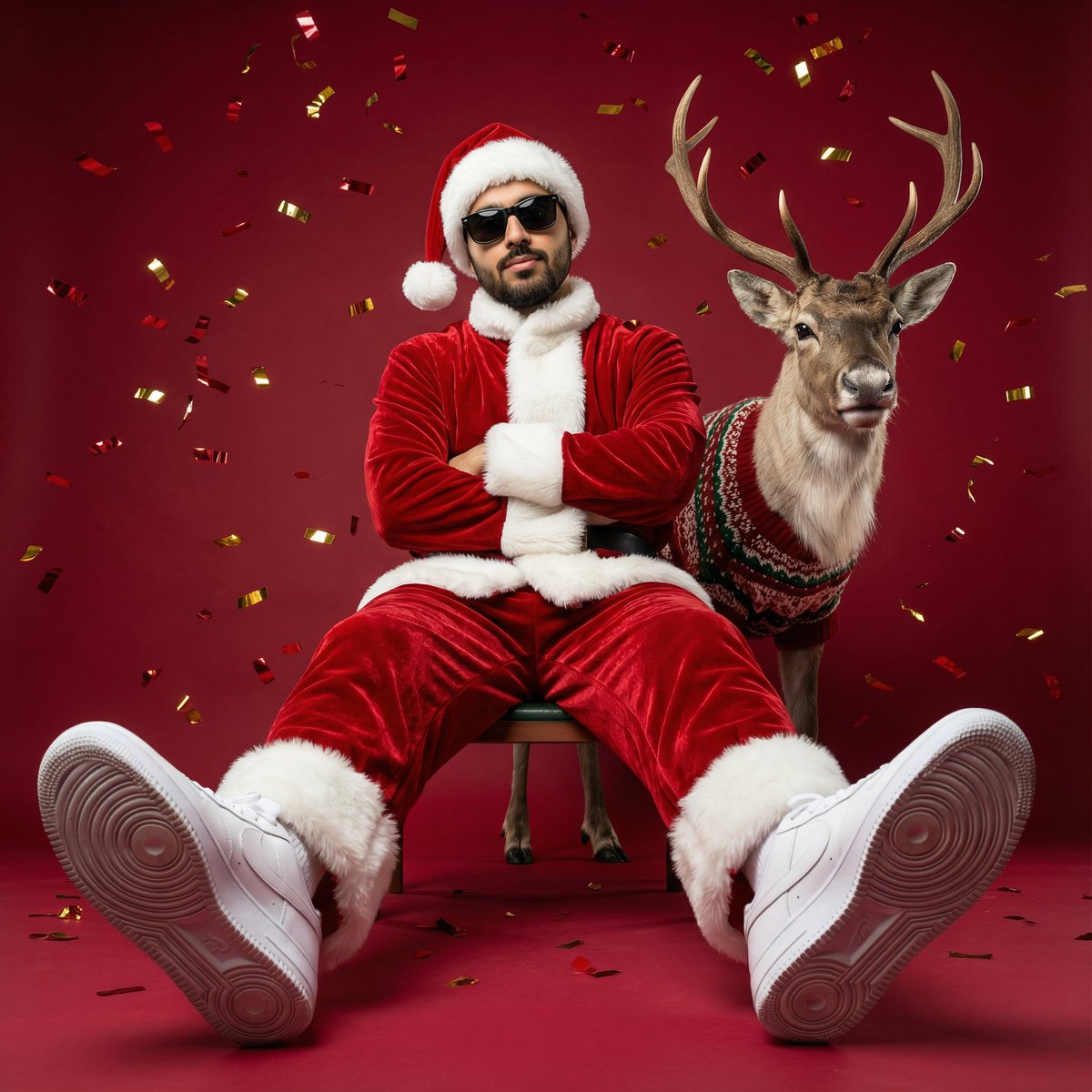 Modern Santa Fashion Editorial with Reindeer