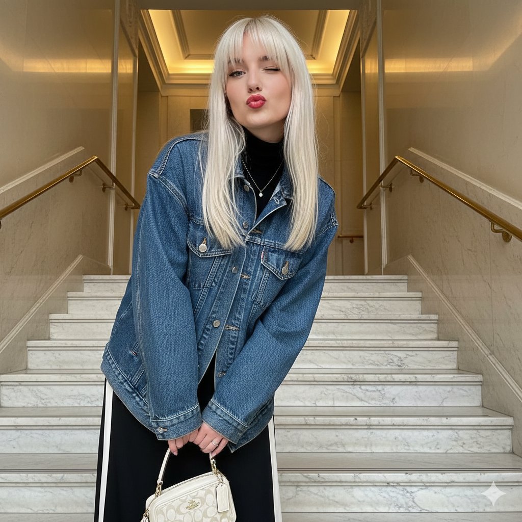 Playful Duck-Face Selfie on Marble Stairs