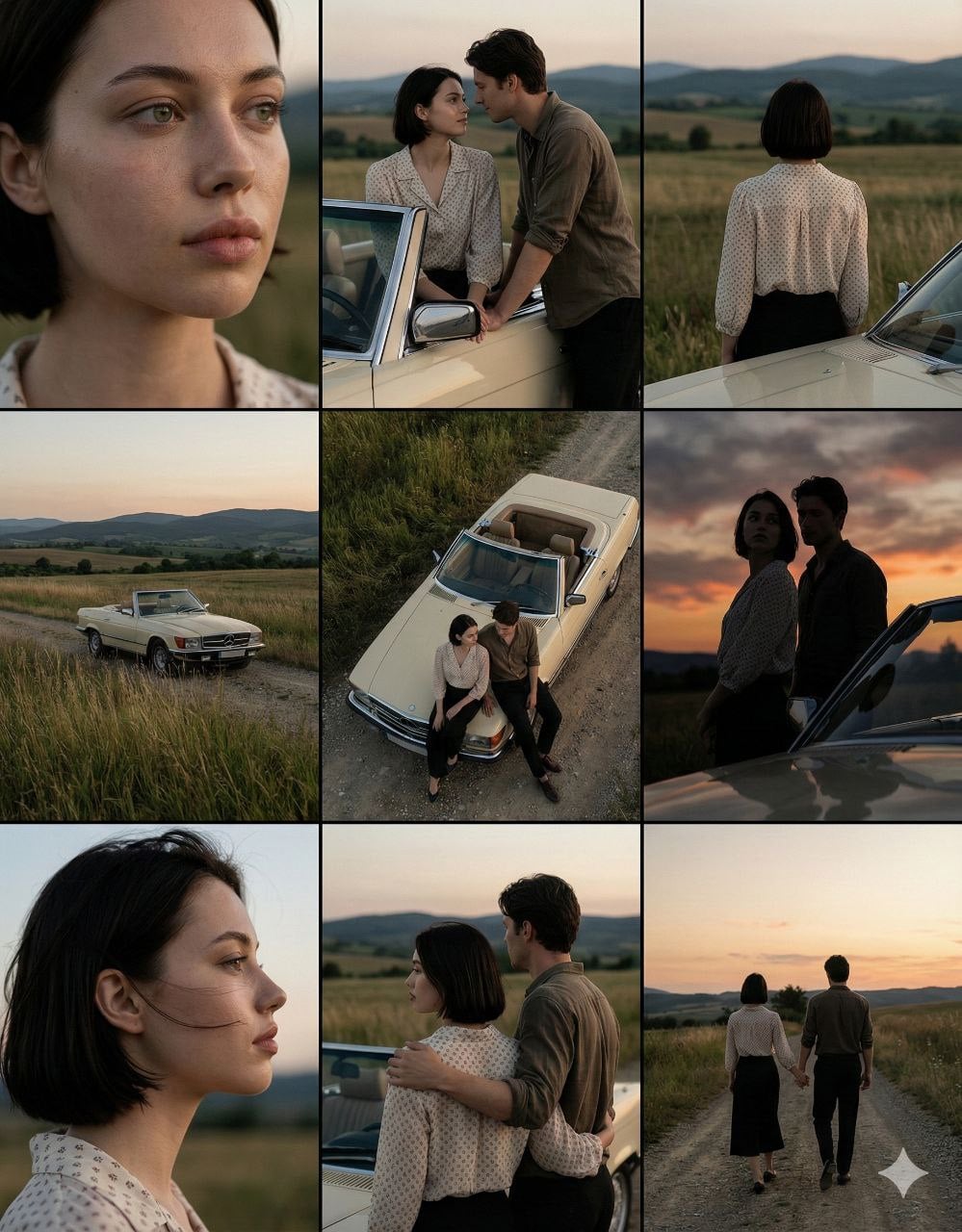 A cinematic 3 3 grid of film-still frames featuring the same couple