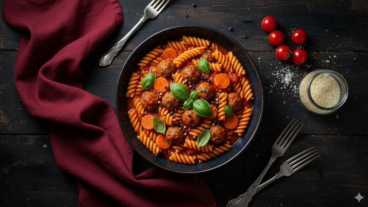 Refined Dining Scene with Fusilli and Meatballs