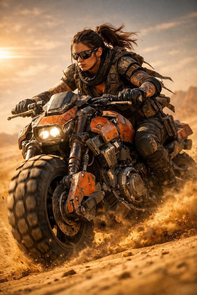 Use the uploaded picture to create a cinematic sci-fi scene of a fierce