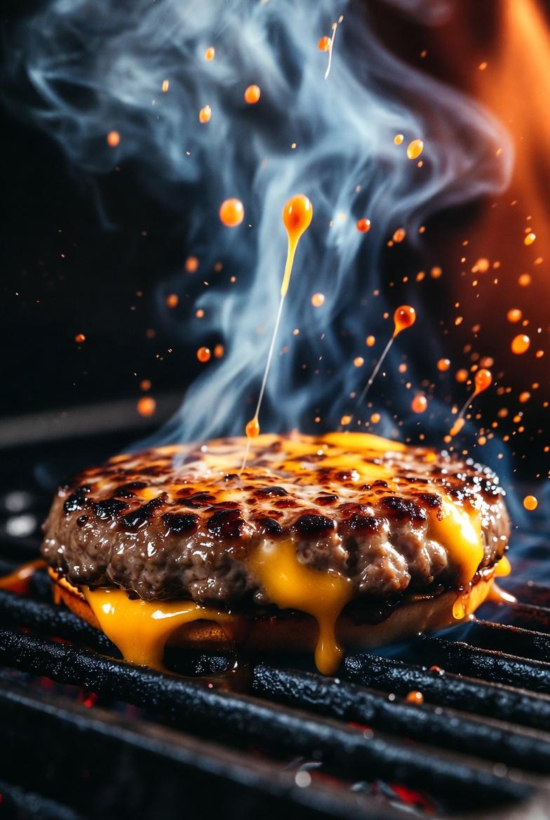 Cinematic Macro Shot of Sizzling Cheeseburger