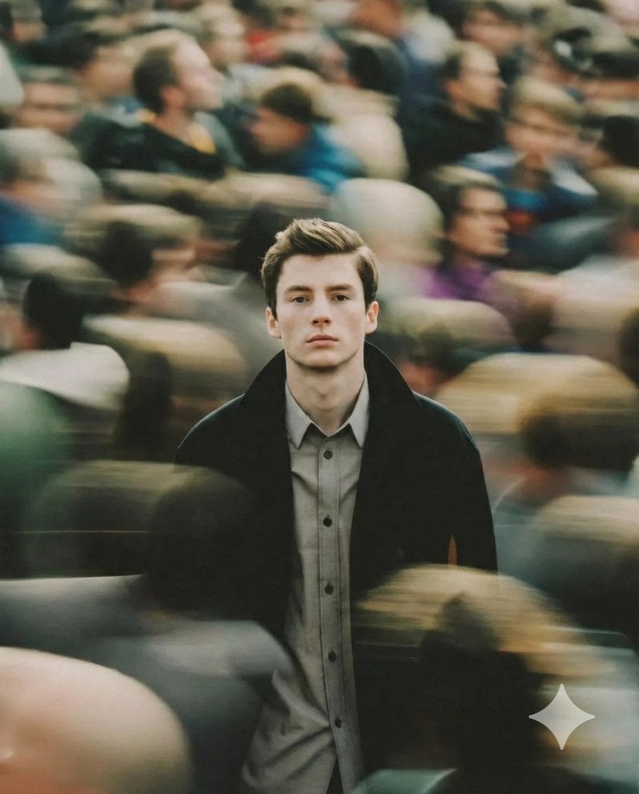 A cinematic portrait of a young man standing still in the middle
