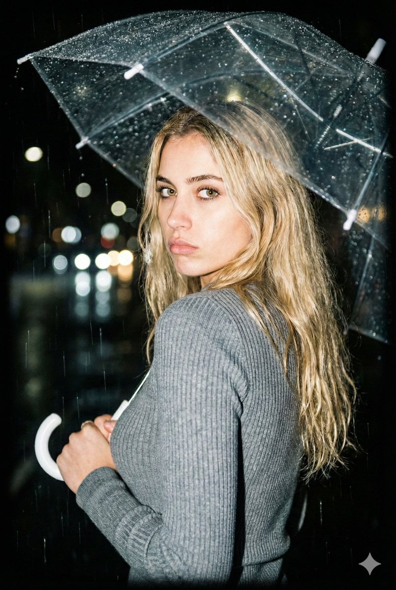 Nighttime Rainy Umbrella Portrait Prompt