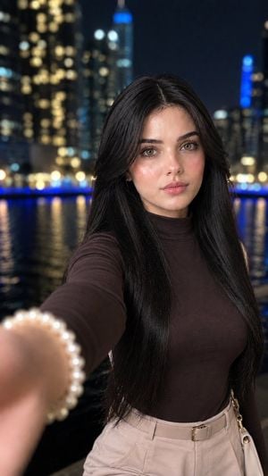 Korean Girl Nighttime City Skyline Selfie