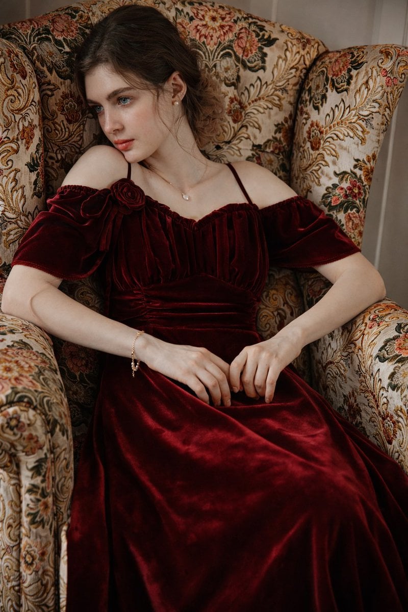 8K Photorealistic Portrait in Burgundy Velvet Dress